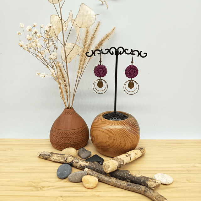 Parure aubergine et bronze - Boucles d'oreille aubergine 2 anneaux