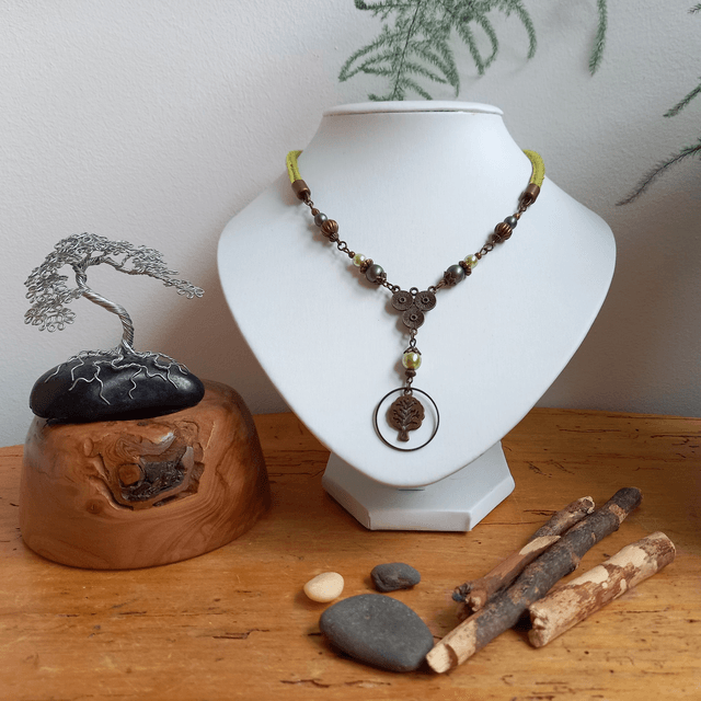 Parure vert anis et bronze - Collier ras de cou Arbre de vie