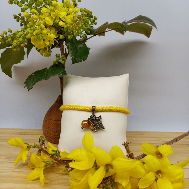 Parure jaune et bronze - Bracelet tricoté jaune