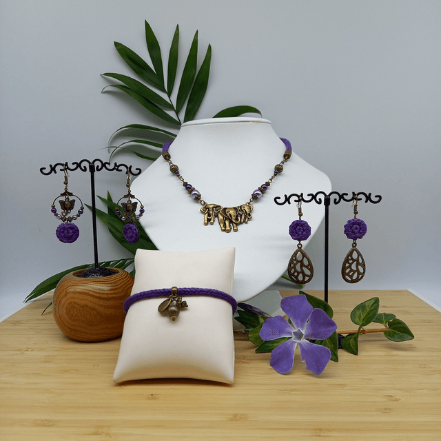 Parure violette et bronze - Boucles d'oreille Eléphants