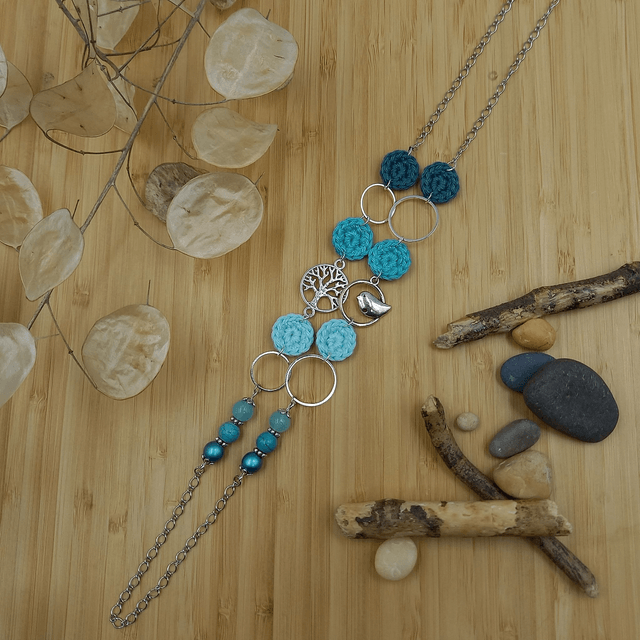 Parure turquoise et argenté - Sautoir L'arbre et l'oiseau