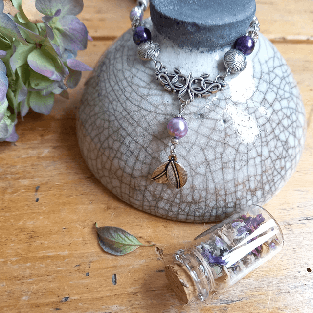 Parure violette et argentée - Collier ras de cou - Feuilles