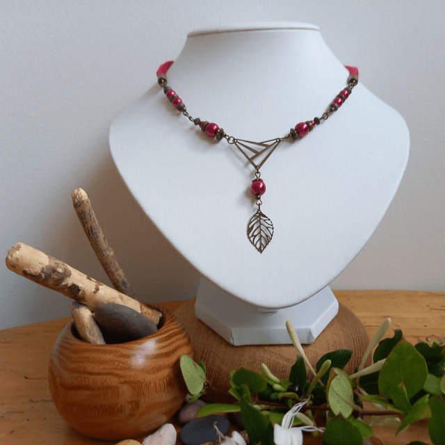 Parure rouge et bronze - Collier ras de cou Feuille