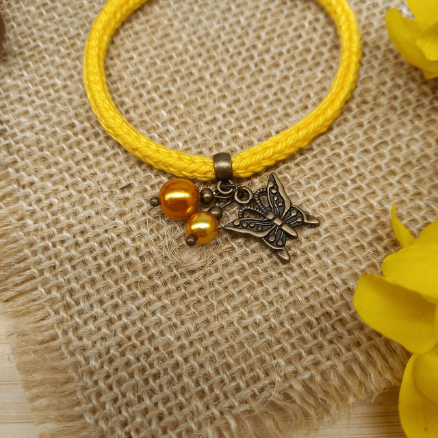 Parure jaune et bronze - Bracelet tricoté jaune