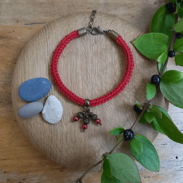 Parure rouge et bronze - Bracelet tricoté