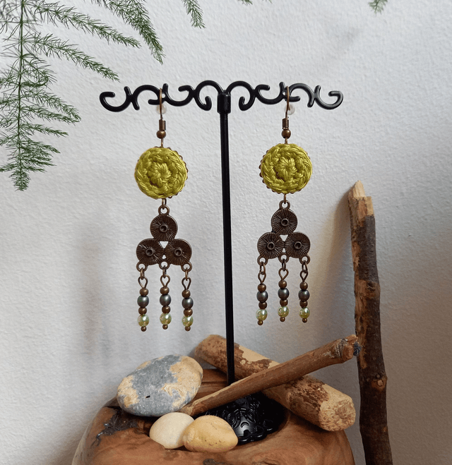 Parure vert anis et bronze - Boucles d'oreille type attrape-rêves