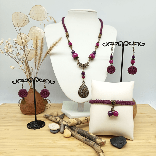 Parure aubergine et bronze - Boucles d'oreille aubergine 2 anneaux