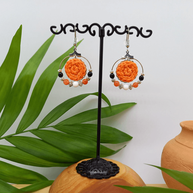 Parure orange et argentée - Boucles d'oreilles orange type créoles