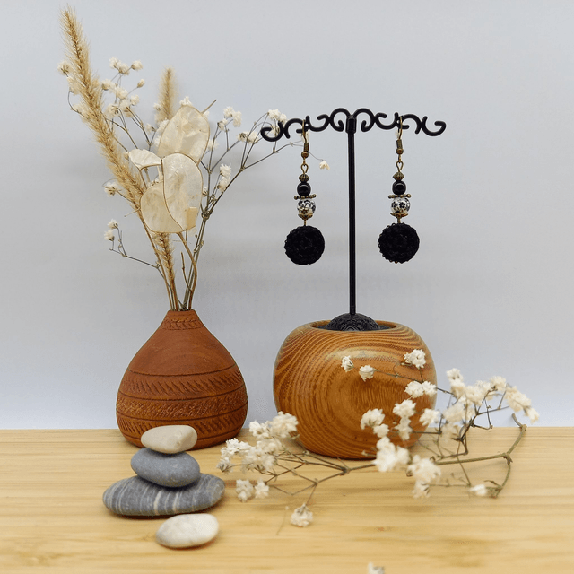 Parure noire et bronze - Boucles d'oreille noires pendantes