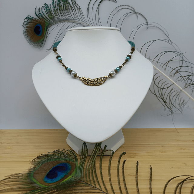 Parure turquoise et bronze - Collier ras de cou turquoise - Plume