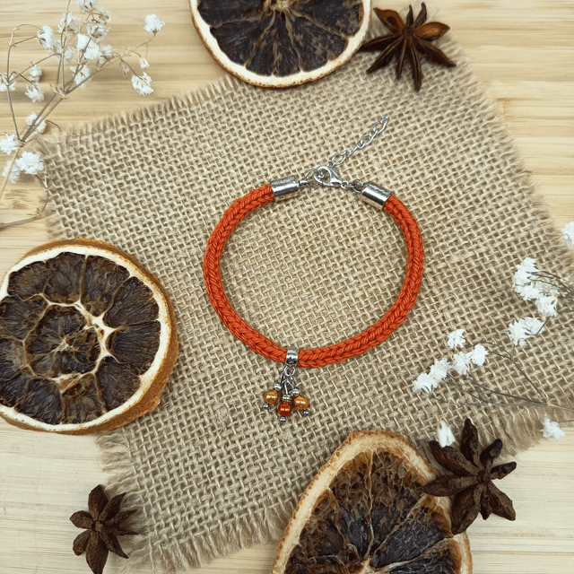 Parure orange foncé et argenté - Bracelet tricoté orange foncé et argenté