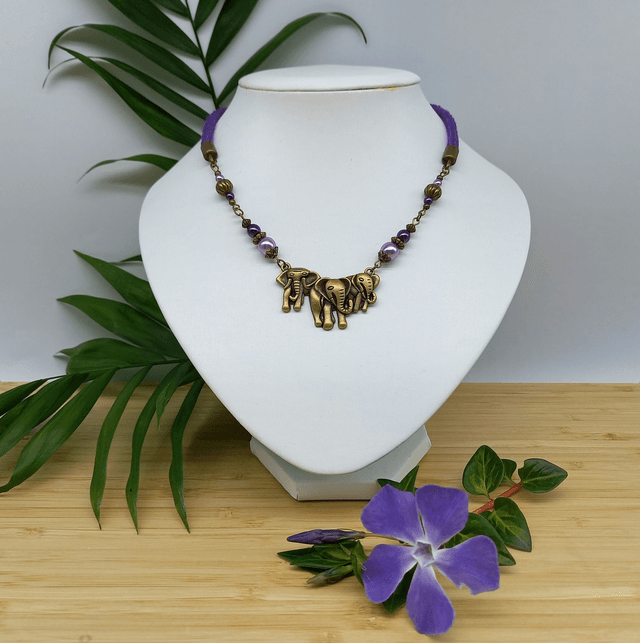 Parure violette et bronze - Collier ras de cou violet - Eléphants