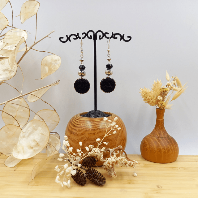 Parure noir et argenté - Boucles d'oreille noires pendantes