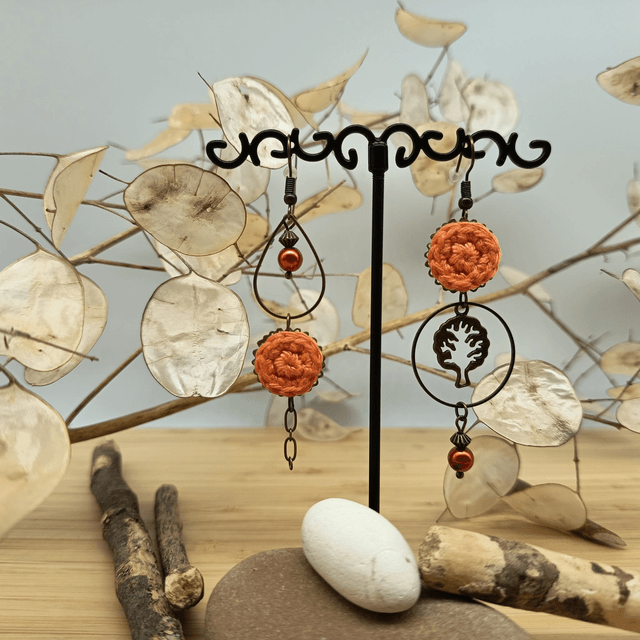 Parure orange et bronze 3 - Boucles d'oreille asymétriques orange