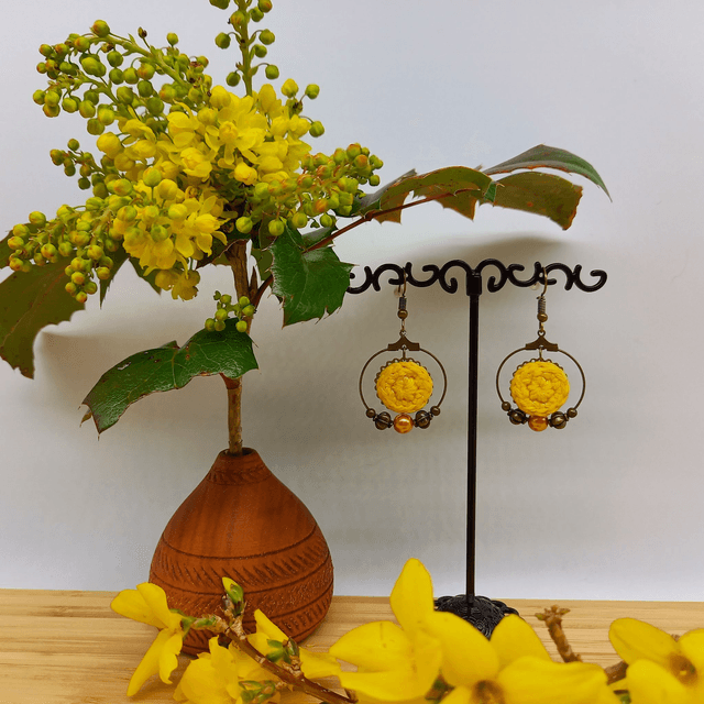 Parure jaune et bronze - Boucles d'oreille jaune types créoles