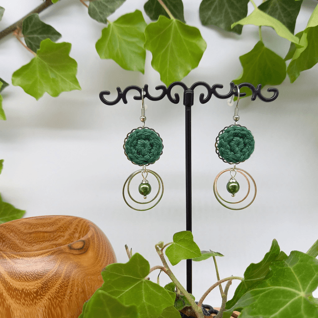 Parure verte et argentée - Boucles d'oreille vert foncé 2 anneaux