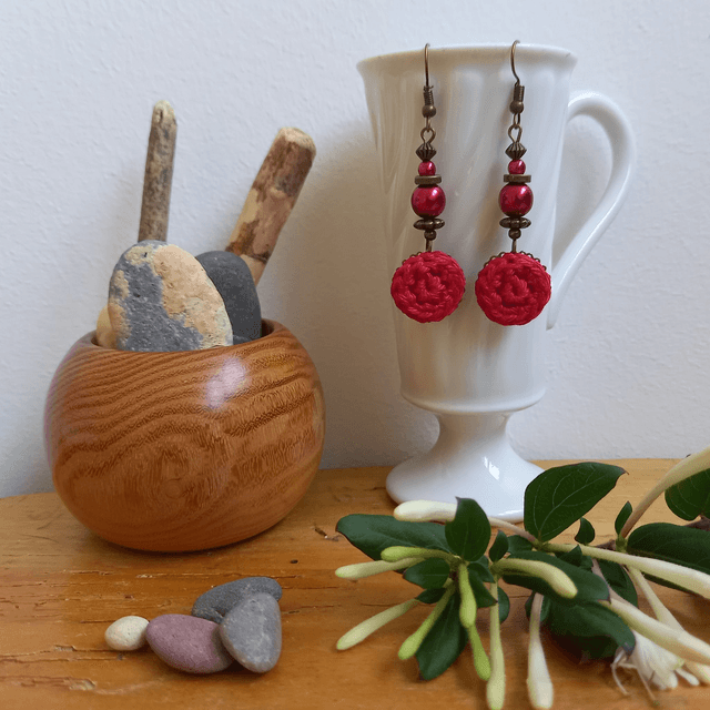 Parure rouge et bronze - Boucles d'oreille pendantes
