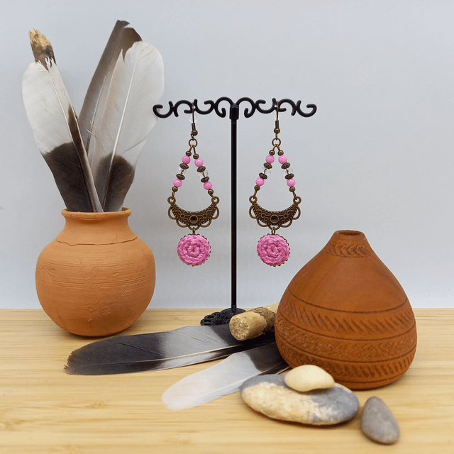 Boucles d'oreille rose et bronze - Collection Ethnique