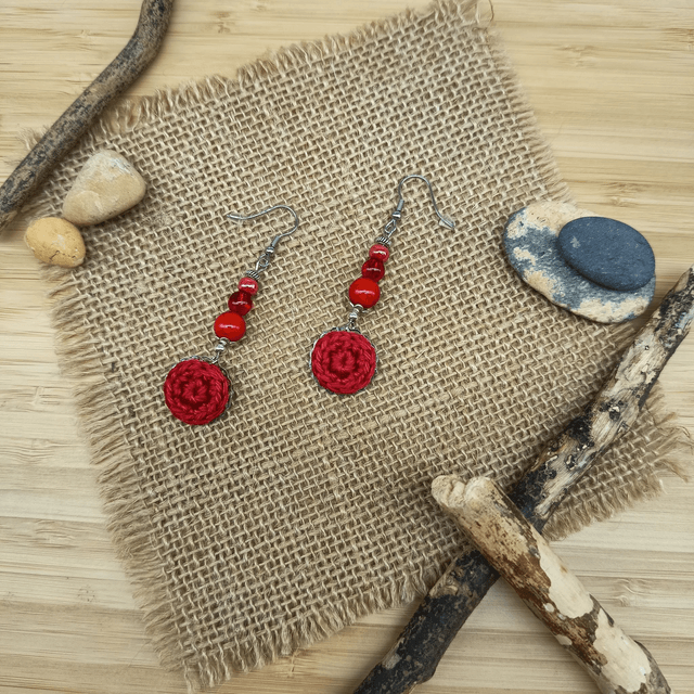 Parure rouge et argenté 2 - Boucles d'oreille rouge et argenté pendantes