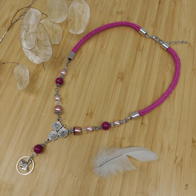 Parure rose et argentée - Collier ras de cou Gingko