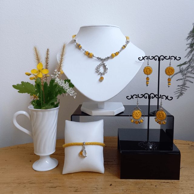 Parure jaune et argenté - Collier ras de cou Feuillages