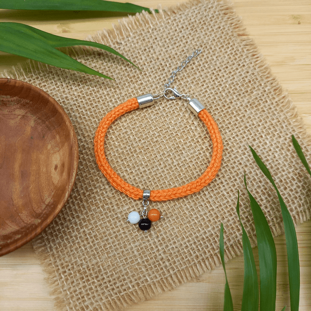 Parure orange et argentée - Bracelet tricoté orange et argenté