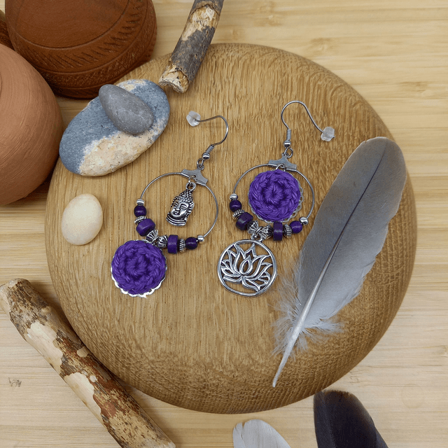 Boucles d'oreille violet et argenté - Collection Ethnique