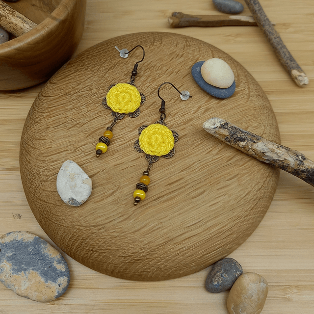 Parure jaune et bronze - Boucles d'oreille jaunes type clochettes