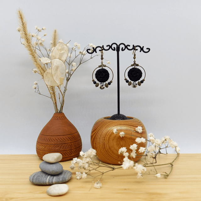 Parure noire et bronze - Boucles d'oreille créoles noires
