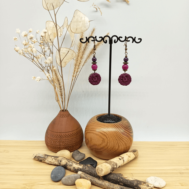 Parure aubergine et bronze - Boucles d'oreille aubergine pendantes