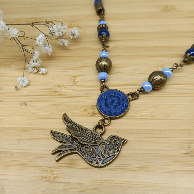 Parure bleu marine et bronze - Collier ras de cou Oiseau