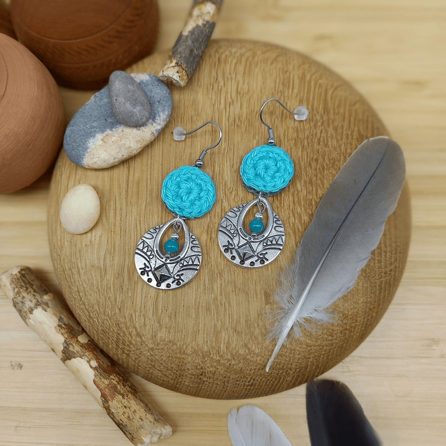 Boucles d'oreille vert d'eau et argenté - Collection Ethnique