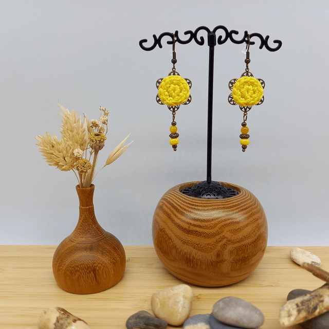 Parure jaune et bronze - Boucles d'oreille jaunes type clochettes