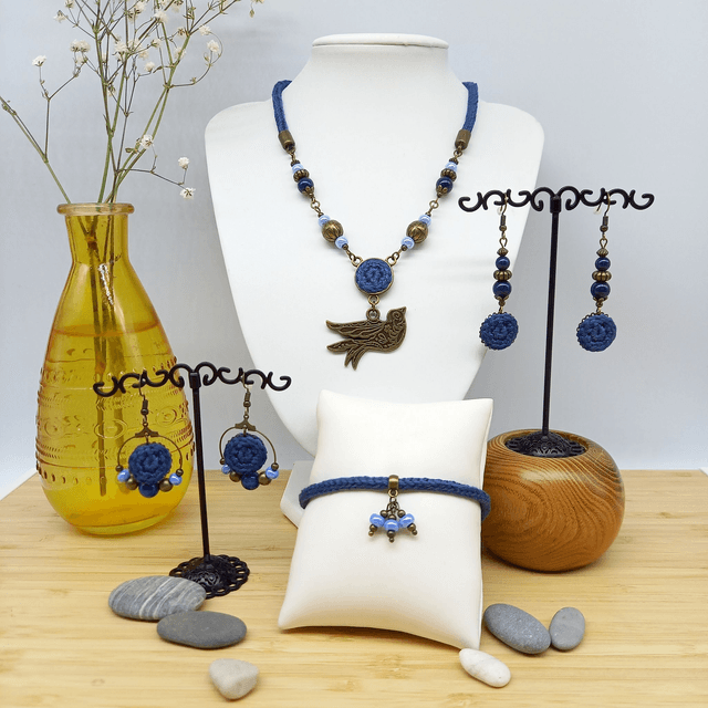 Parure bleu marine et bronze - Collier ras de cou Oiseau
