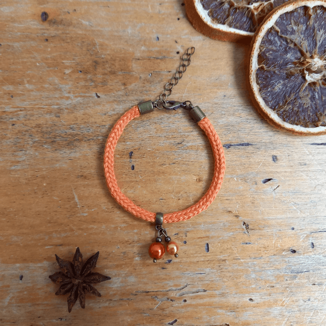 Parure orange et bronze - Bracelet tricoté orange clair