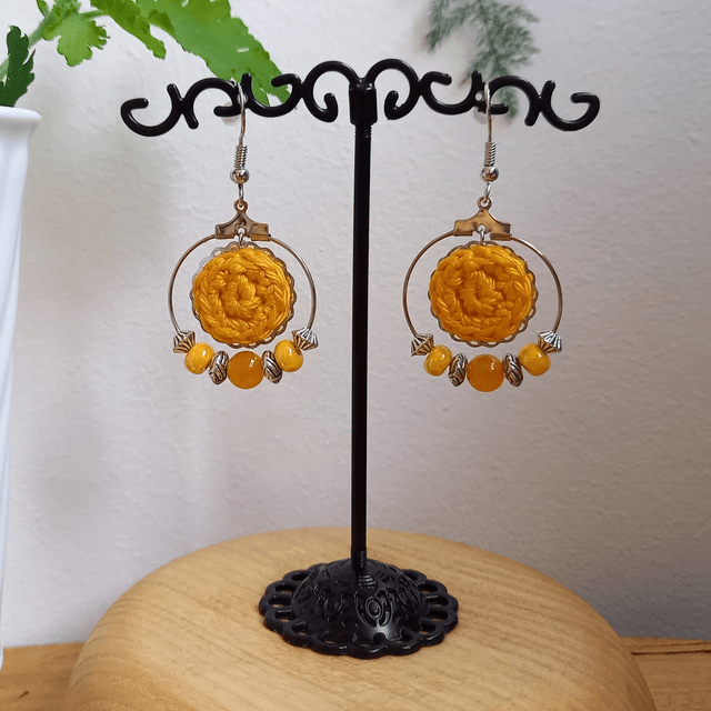 Parure jaune et argenté - Boucles d'oreille jaune type créoles