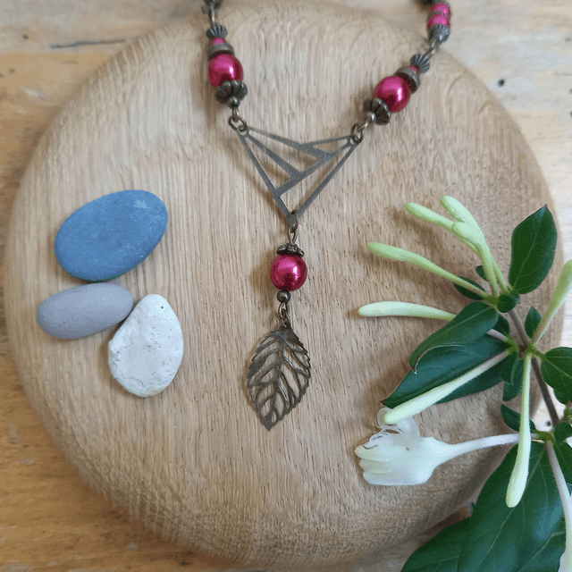 Parure rouge et bronze - Collier ras de cou Feuille