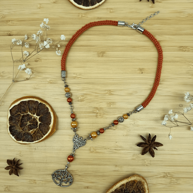 Parure orange foncé et argenté - Collier ras de cou Arbre de vie