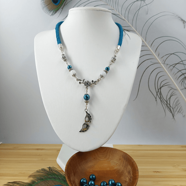 Parure bleu canard et argentée - Collier ras de cou - Carnaval
