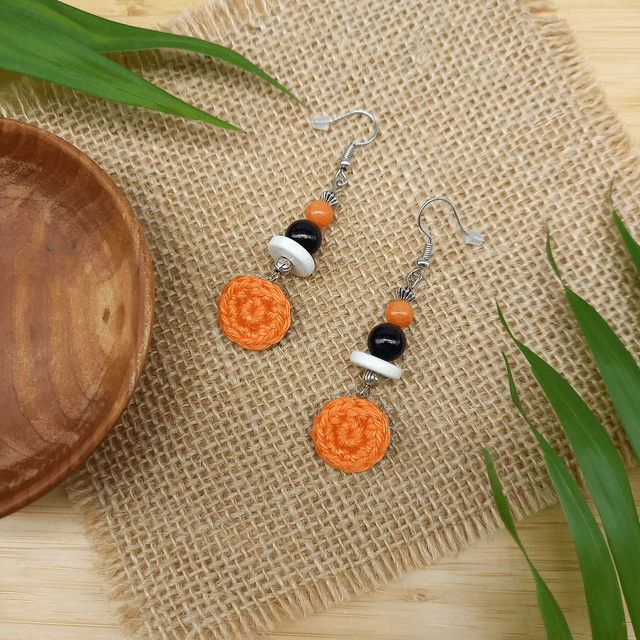 Parure orange et argentée - Boucles d'oreille orange et argenté pendantes
