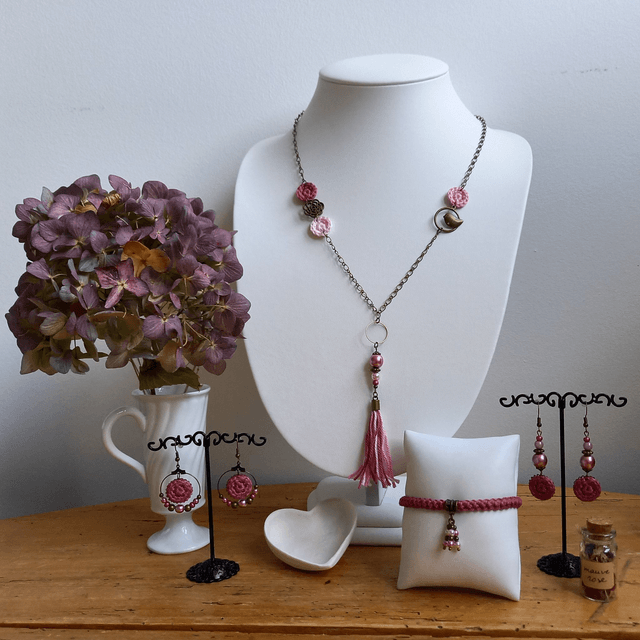 Parure bois de rose et bronze - Sautoir Herbes Folles