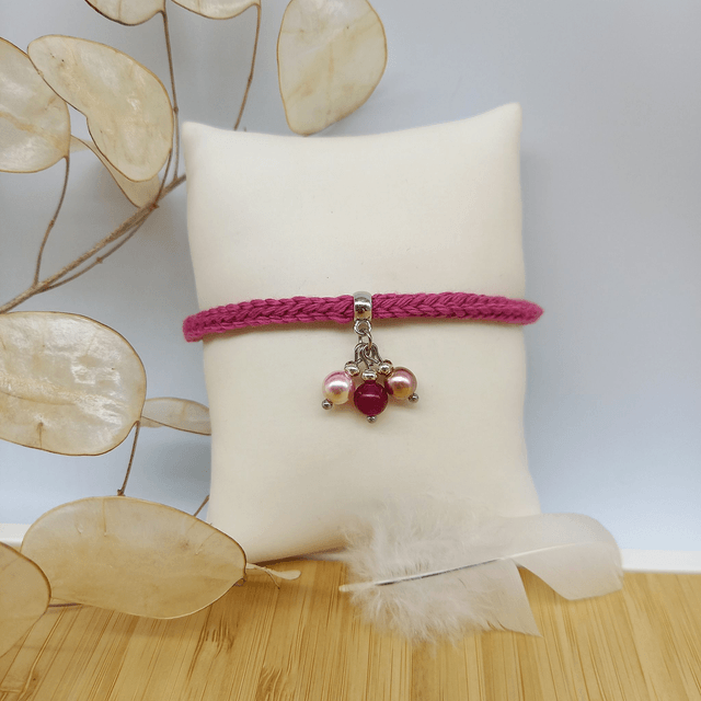Parure rose et argentée - Bracelet tricoté rose fuchsia et argenté