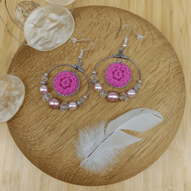 Parure rose et argentée - Boucles d'oreille roses et argentées type créoles