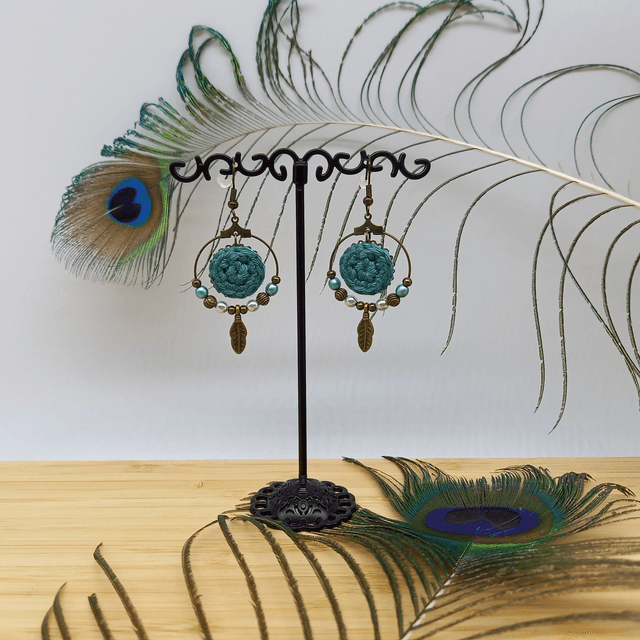 Parure turquoise et bronze - Boucles d'oreille type créoles Plume