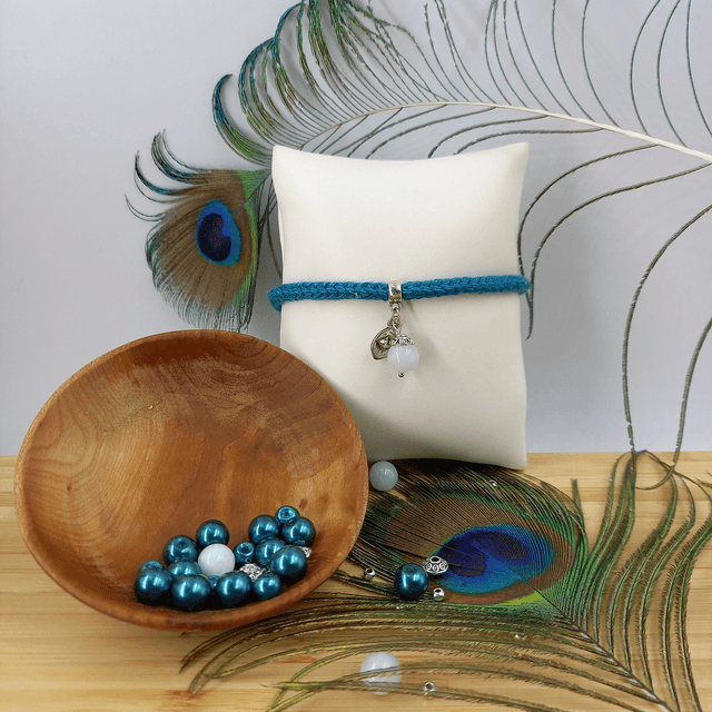 Parure bleu canard et argentée - Bracelet tricoté bleu canard et argenté