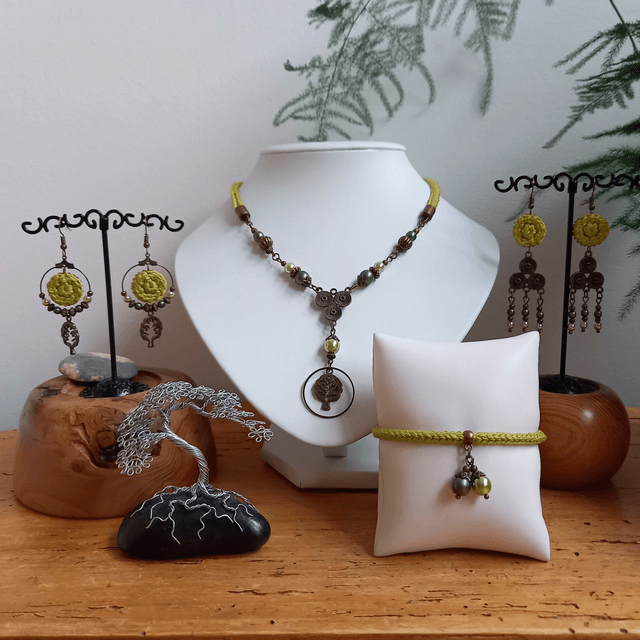 Parure vert anis et bronze - Bracelet tricoté