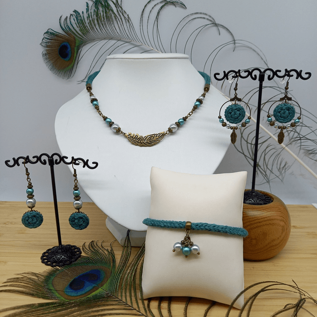 Parure turquoise et bronze - Collier ras de cou turquoise - Plume