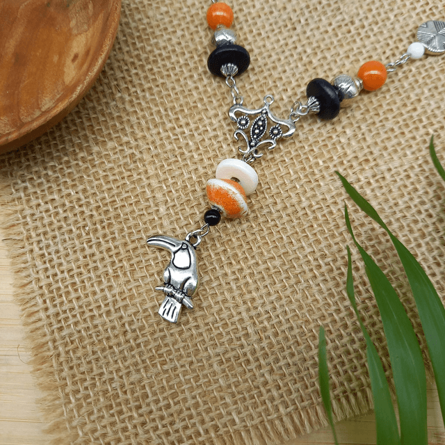 Parure orange et argentée - Collier ras de cou Toucan