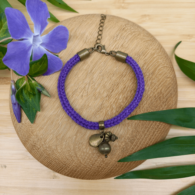 Parure violette et bronze - Bracelet tricoté violet