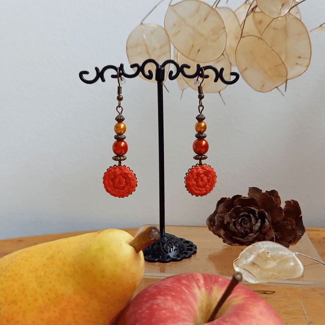 Parure orange et bronze - Boucles d'oreille orange foncé pendantes